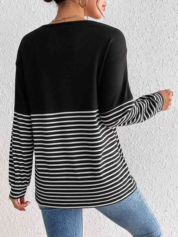 Striped Crisscross V-Neck Long Sleeve T-Shirt | 1mrk.com