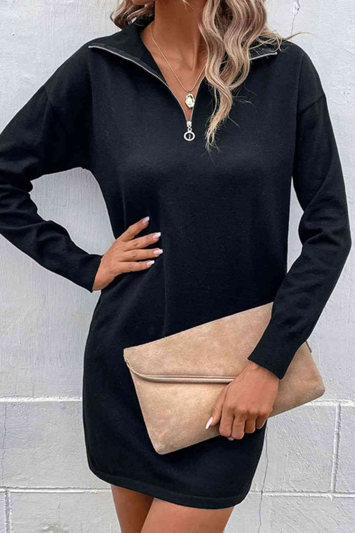 Quarter-Zip Dropped Shoulder Knit Dress |1mrk.com