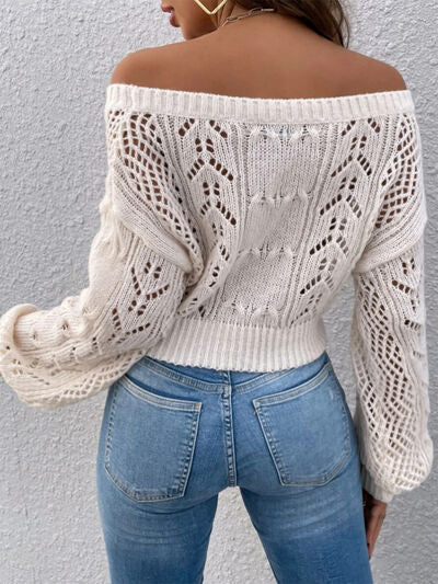 Openwork Off-Shoulder Long Sleeve Sweater | Trendsi