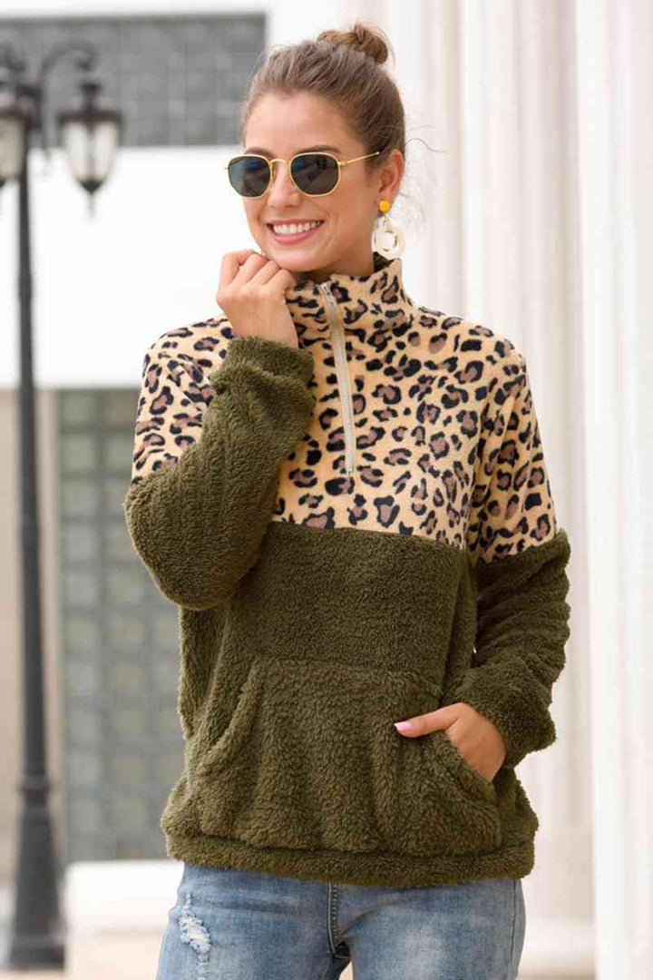 Leopard Zip-Up Turtle Neck Dropped Shoulder Sweatshirt |1mrk.com