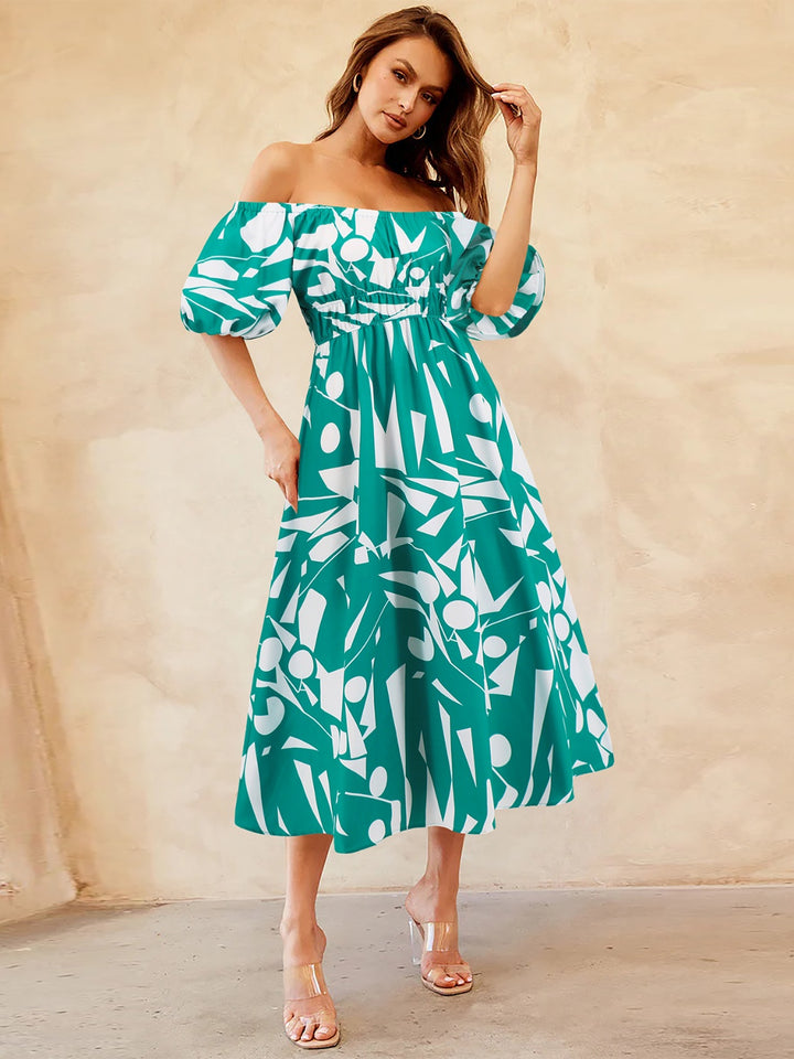 Printed Off-Shoulder Balloon Sleeve Dress | Trendsi