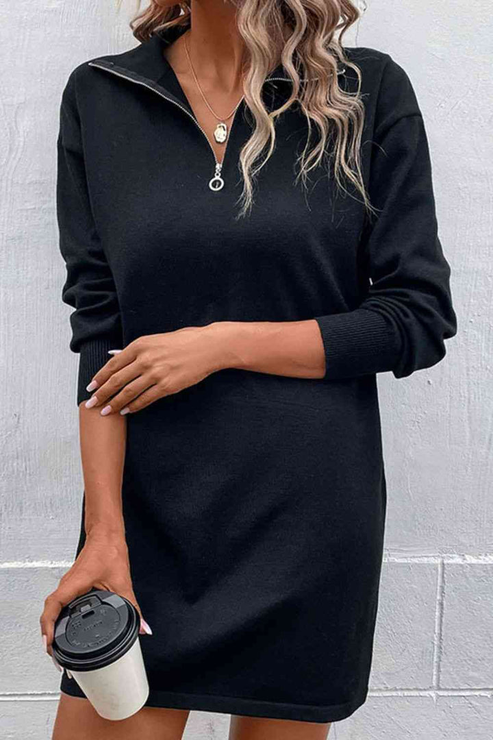 Quarter-Zip Dropped Shoulder Knit Dress |1mrk.com