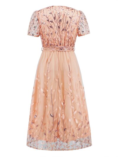 Sequin Leaf Embroidery Tie Front Short Sleeve Dress |1mrk.com