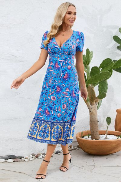 Printed Surplice Short Sleeve Dress |1mrk.com