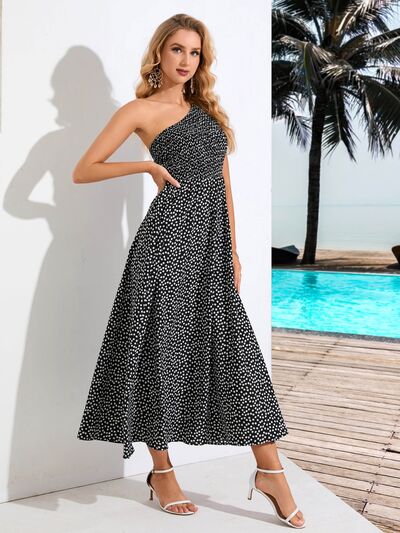 Printed Single Shoulder Midi Dress |1mrk.com