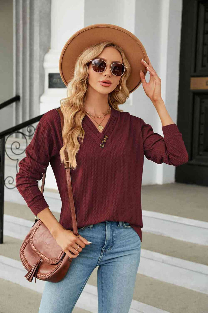 Decorative Button V-Neck Long Sleeve T-Shirt | 1mrk.com