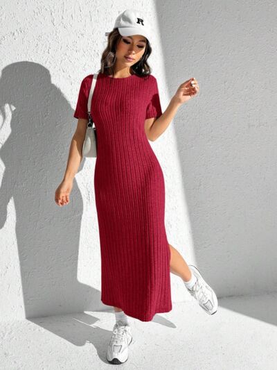 Slit Round Neck Short Sleeve Sweater Dress | Trendsi