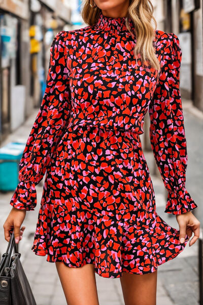 Heart Printed Mock Neck Flounce Sleeve Dress |1mrk.com