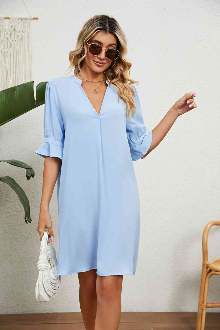 Notched Neck Flounce Sleeve Dress |1mrk.com