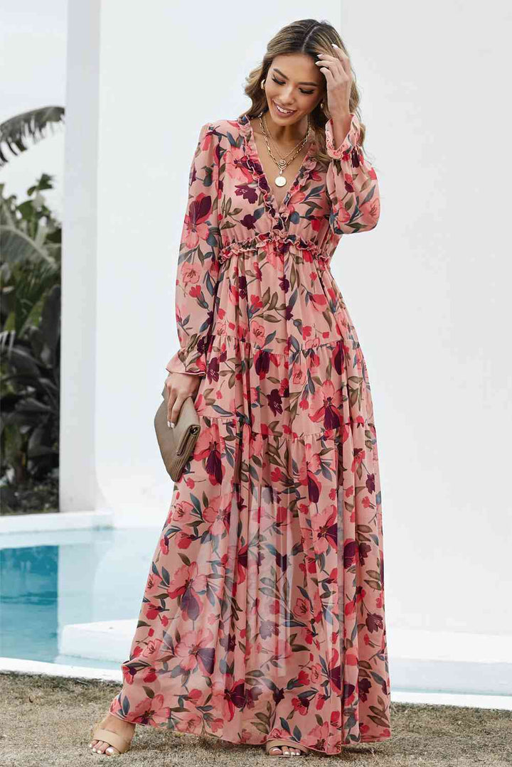 Floral Frill Trim Flounce Sleeve Plunge Maxi Dress | 1mrk.com