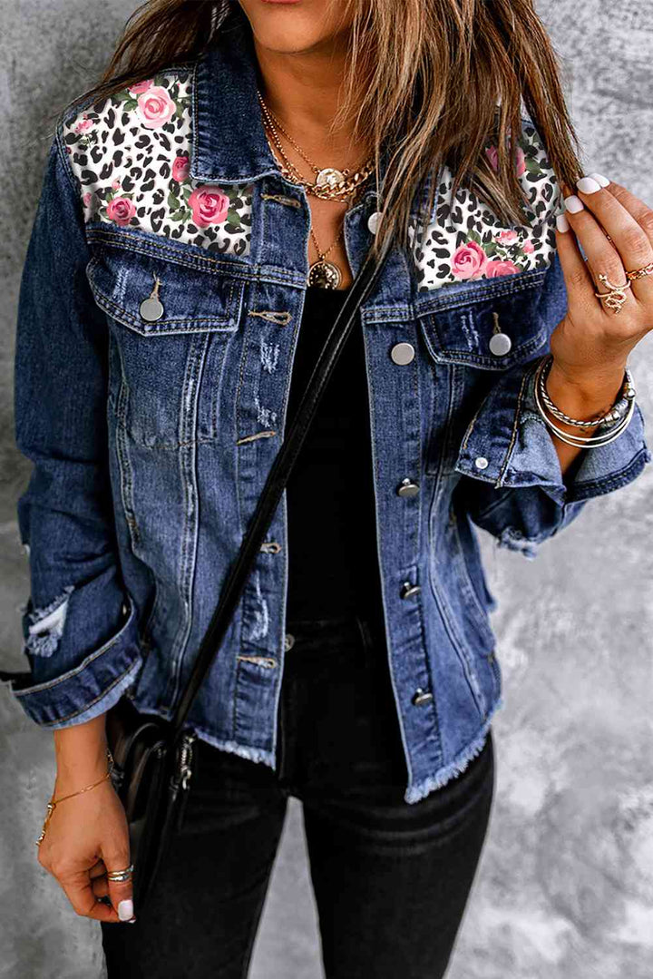 Mixed Print Distressed Button Front Denim Jacket | 1mrk.com