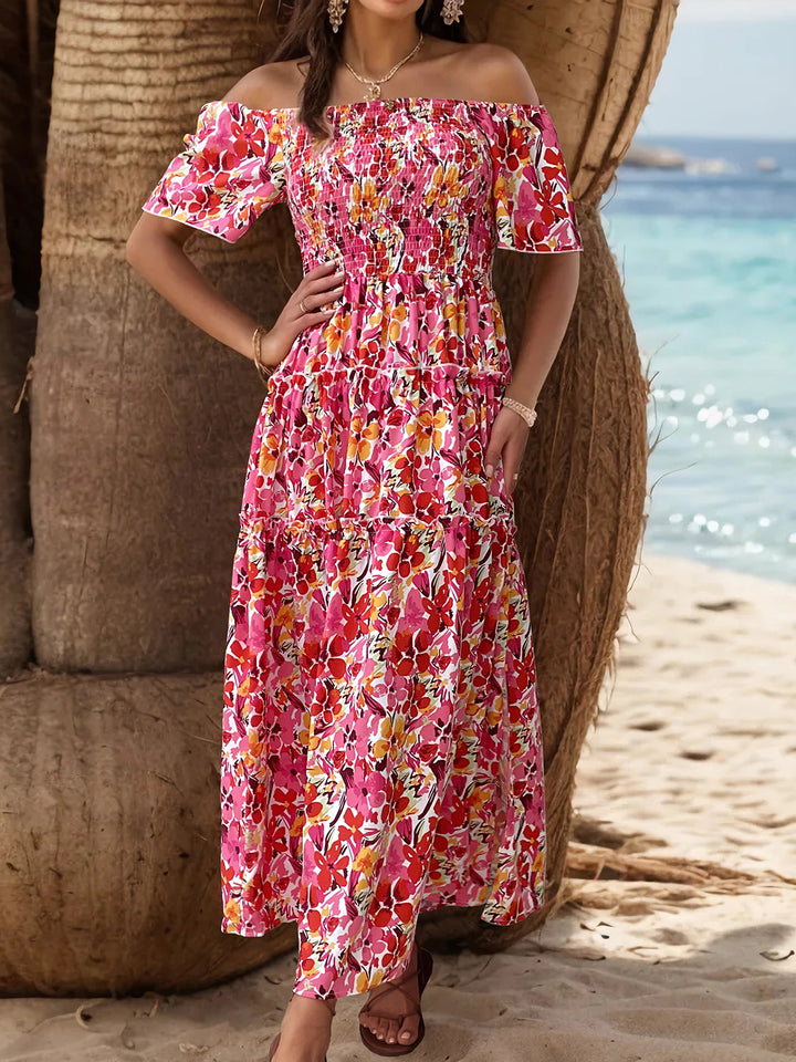 Slit Floral Off-Shoulder Short Sleeve Dress | Trendsi