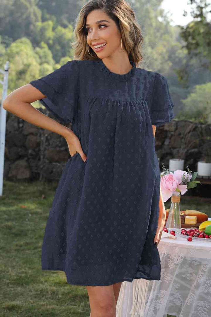 Swiss Dot Round Neck Flutter Sleeve Dress |1mrk.com