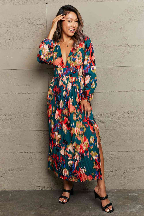 Printed Deep V Slit Pleated Dress |1mrk.com