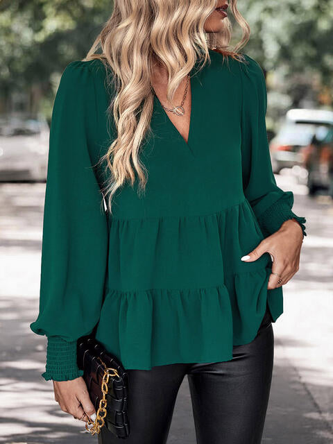 Notched Neck Lantern Sleeve Blouse |1mrk.com