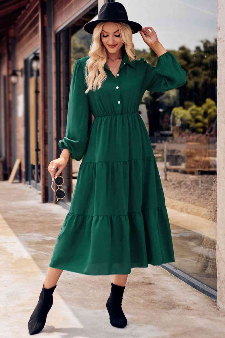 Collared Neck Long Sleeve Midi Dress |1mrk.com