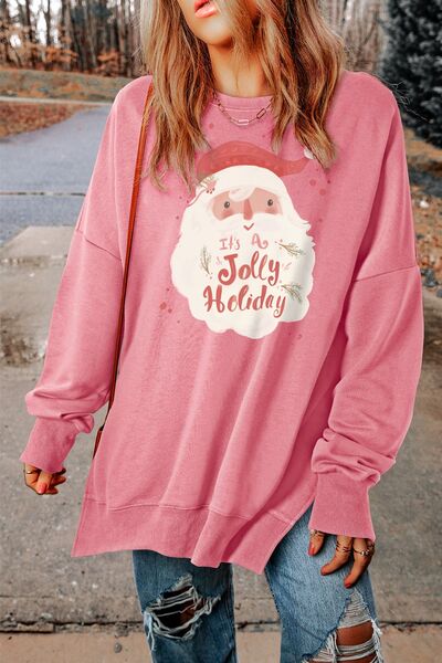 Santa Claus Graphic Round Neck Slit Sweatshirt |1mrk.com