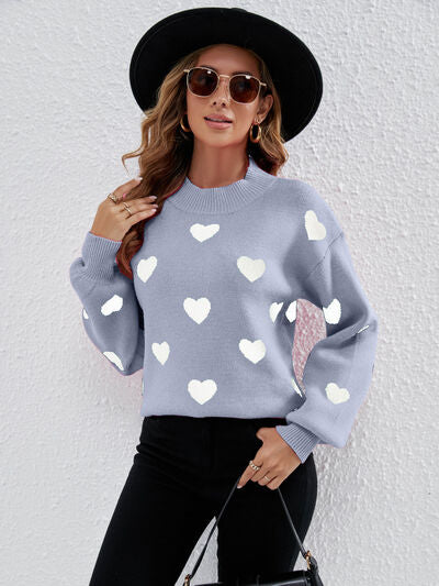 Heart Round Neck Dropped Shoulder Sweater |1mrk.com