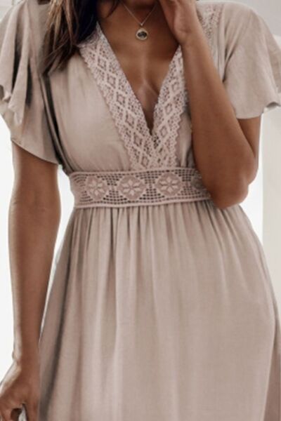 Lace Detail V-Neck Flutter Sleeve Dress |1mrk.com