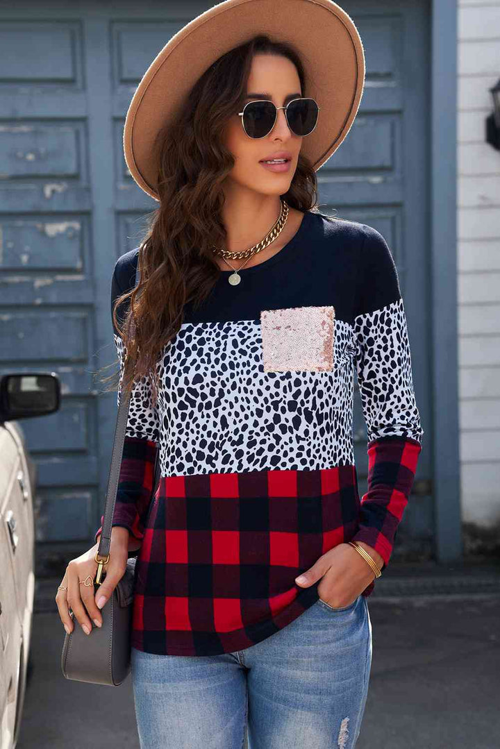 Leopard Color Block Long Sleeve T-Shirt | 1mrk.com