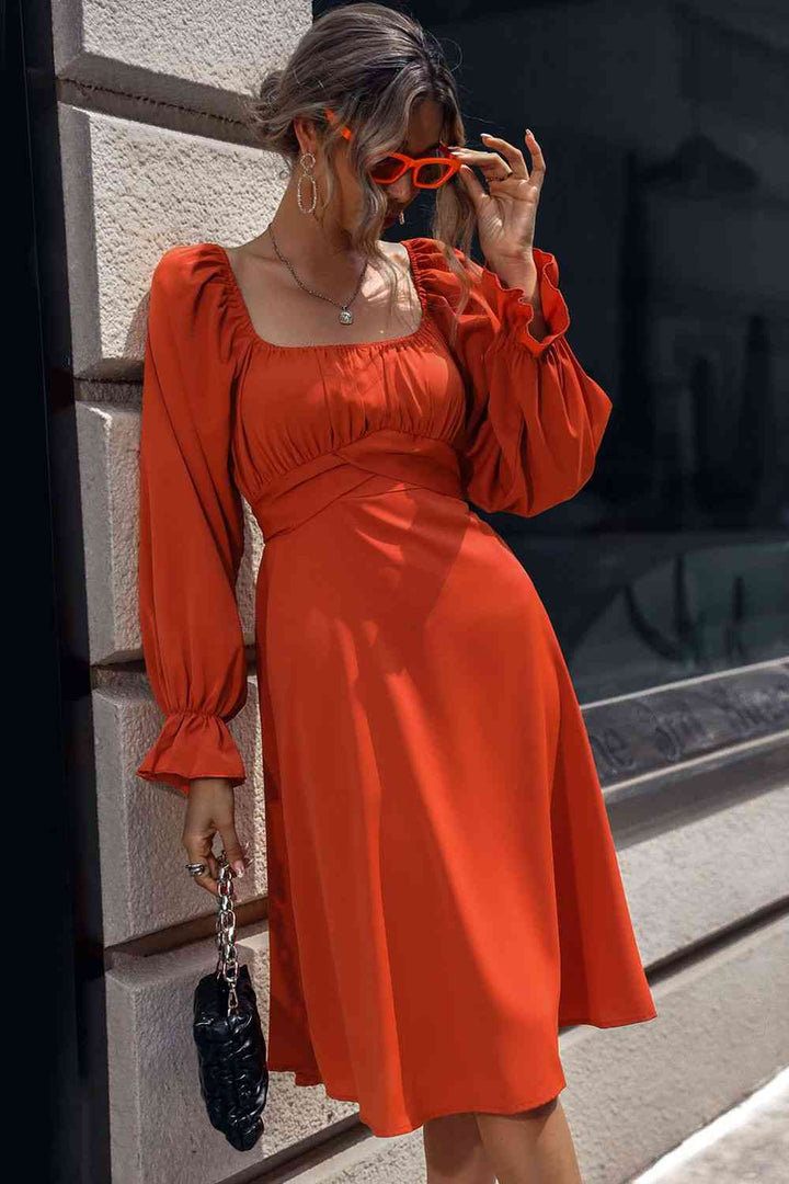 Square Neck Flounce Sleeve Midi Dress |1mrk.com