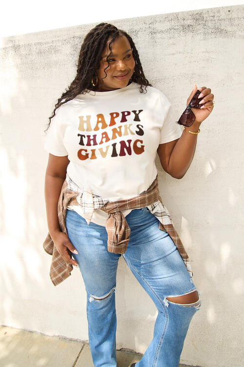 Simply Love Full Size HAPPY THANKS GIVING Short Sleeve T-Shirt | 1mrk.com