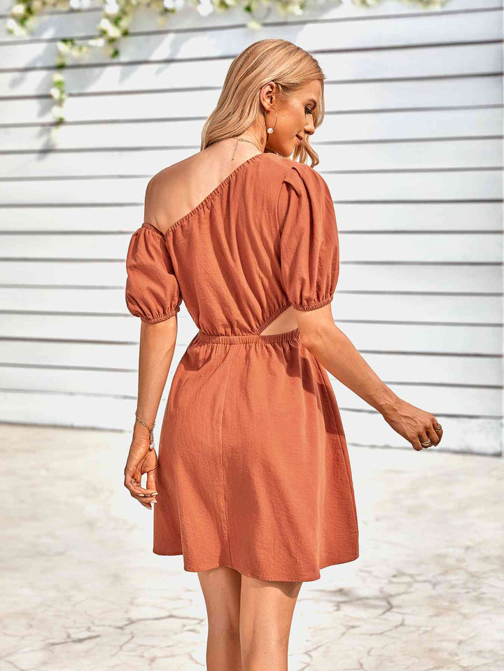 Cutout Asymmetrical Neck Puff Sleeve Dress |1mrk.com