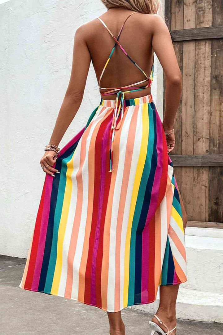 Multicolored Stripe Crisscross Backless Dress |1mrk.com