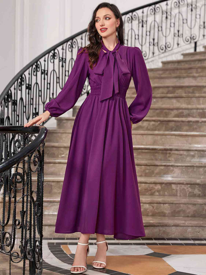 Tie-Neck Balloon Sleeve Dress |1mrk.com