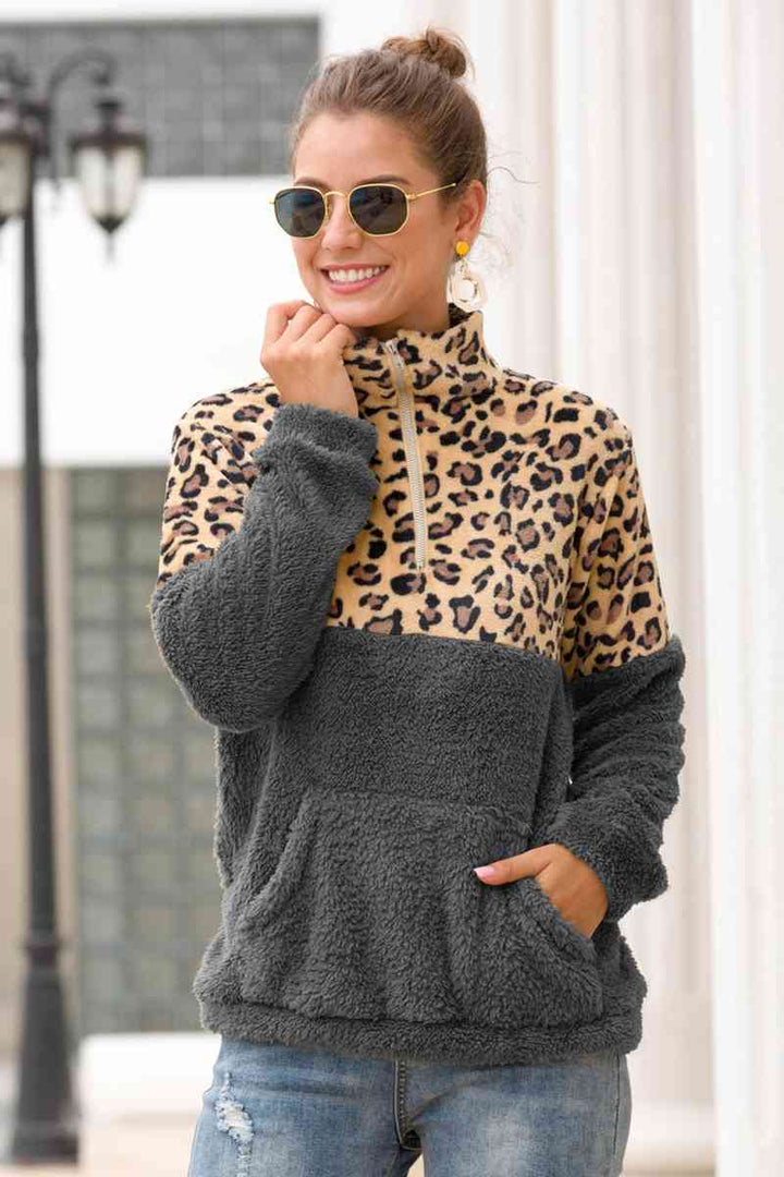 Leopard Zip-Up Turtle Neck Dropped Shoulder Sweatshirt |1mrk.com