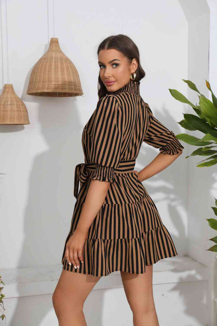 Striped Tie Belt Tiered Dress |1mrk.com