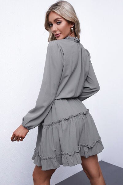 Frill Tie Neck Balloon Sleeve Dress | Trendsi