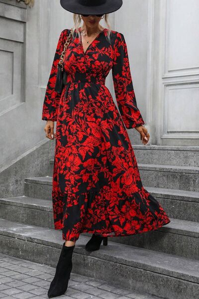 Printed Surplice Balloon Sleeve Midi Dress |1mrk.com