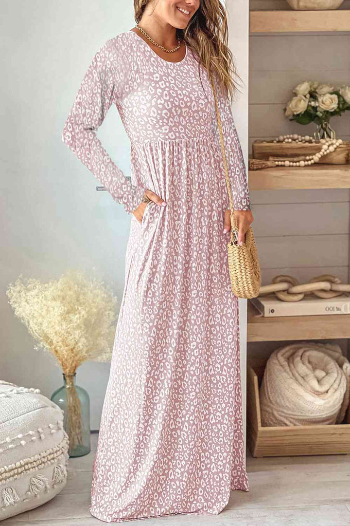 Leopard Round Neck Long Sleeve Maxi Dress |1mrk.com