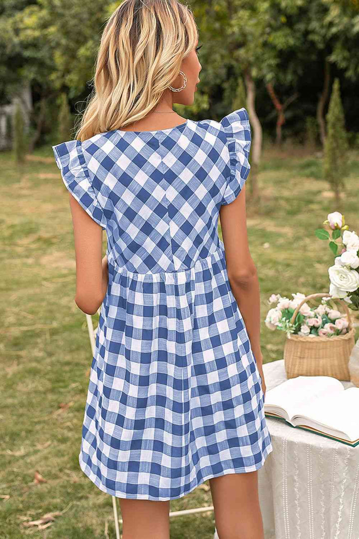 Plaid Butterfly Sleeve Deep V Dress |1mrk.com