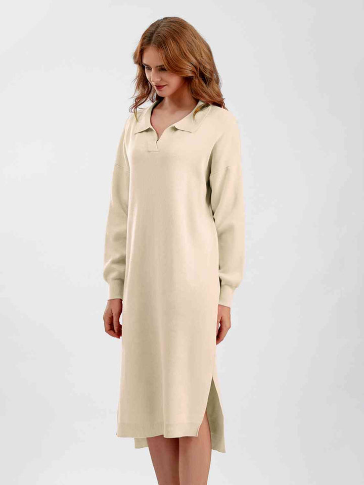 Johnny Collar Long Sleeve Slit Sweater Dress |1mrk.com