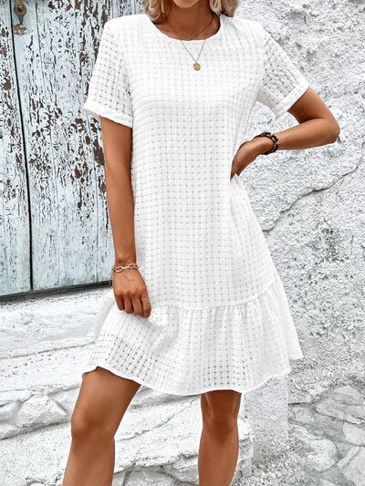 Round Neck Short Sleeve Ruffle Hem Dress |1mrk.com