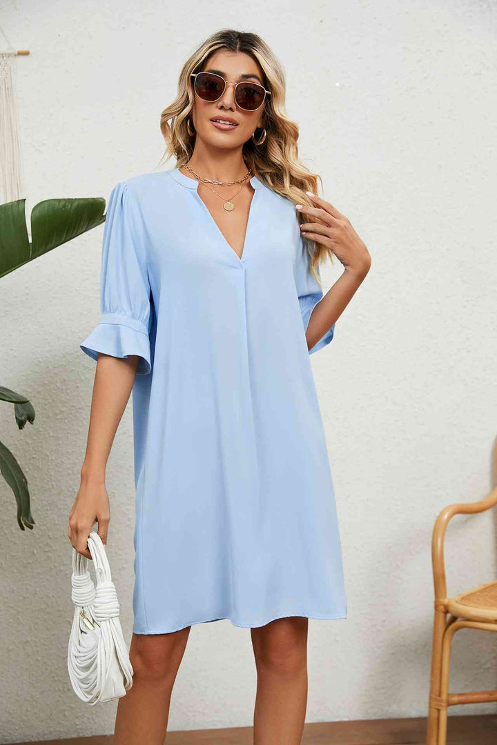 Notched Neck Flounce Sleeve Dress |1mrk.com