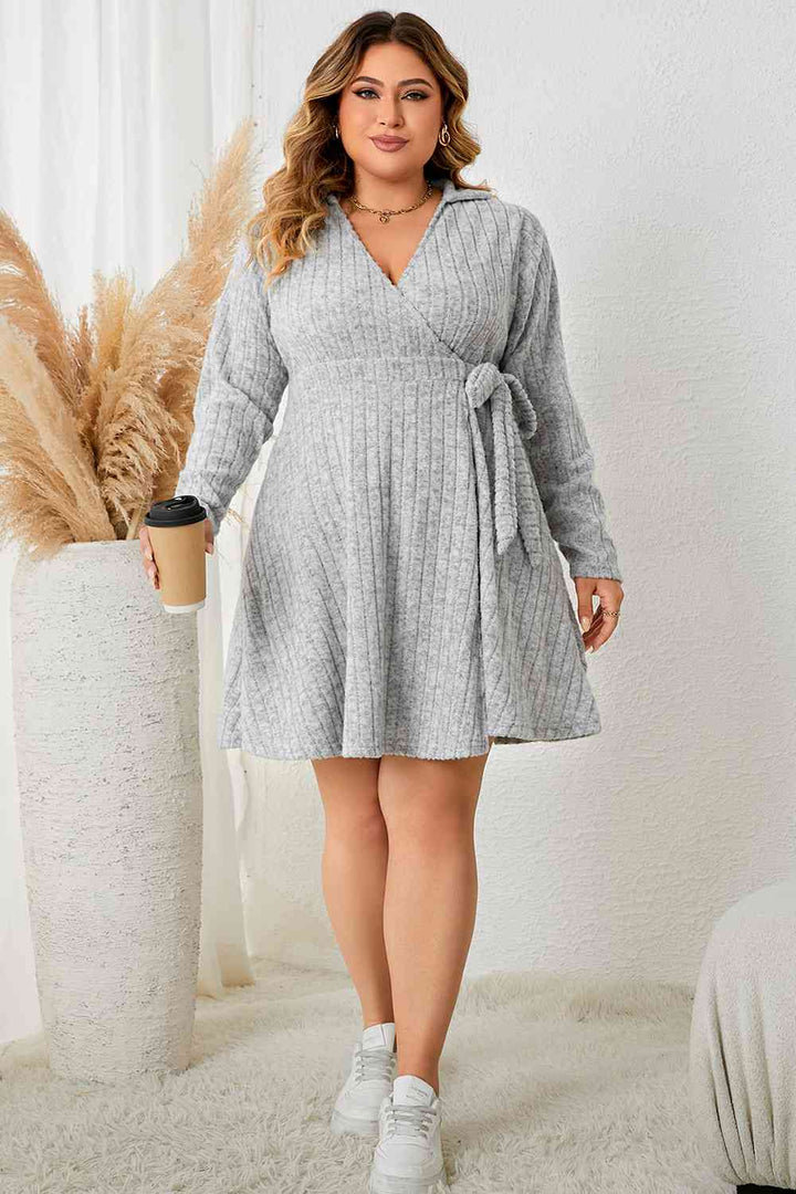 Plus Size Collared Neck Long Sleeve Tied Dress |1mrk.com