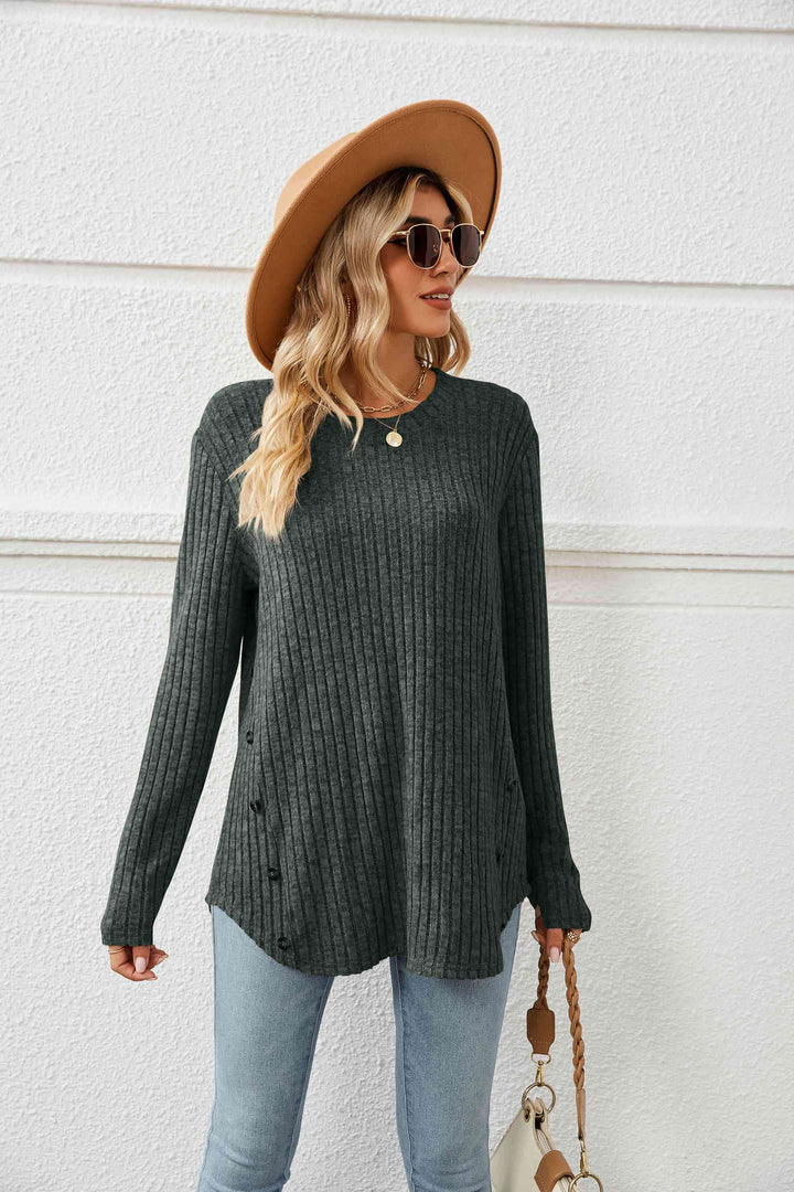 Round Neck Ribbed Long Sleeve T-Shirt | 1mrk.com