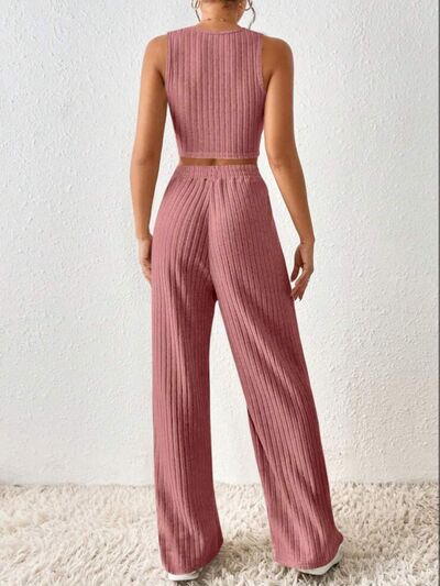 Ribbed Round Neck Tank and Pants Sweater Set |1mrk.com