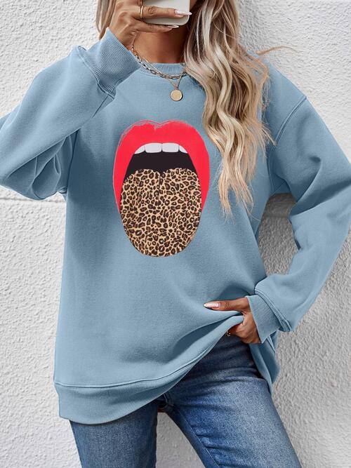 Leopard Lip Graphic Round Neck Sweatshirt |1mrk.com