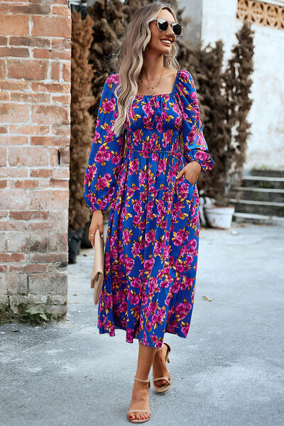 Printed Balloon Sleeve Pocketed Midi Dress |1mrk.com