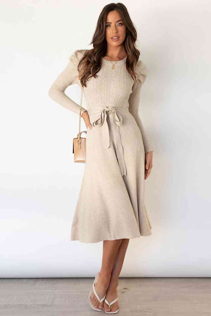 Round Neck Long Sleeve Tie Waist Sweater Dress | 1mrk.com