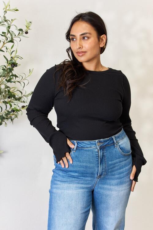 Culture Code Full Size Ribbed Round Neck Long Sleeve Top | 1mrk.com