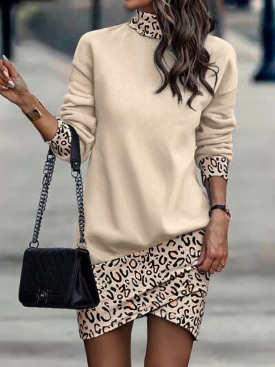 Printed Turtleneck Long Sleeve Mini Dress | 1mrk.com