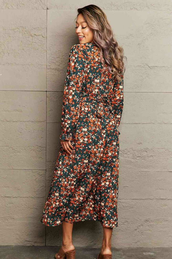 Printed Surplice Neck Long Sleeve Dress | 1mrk.com