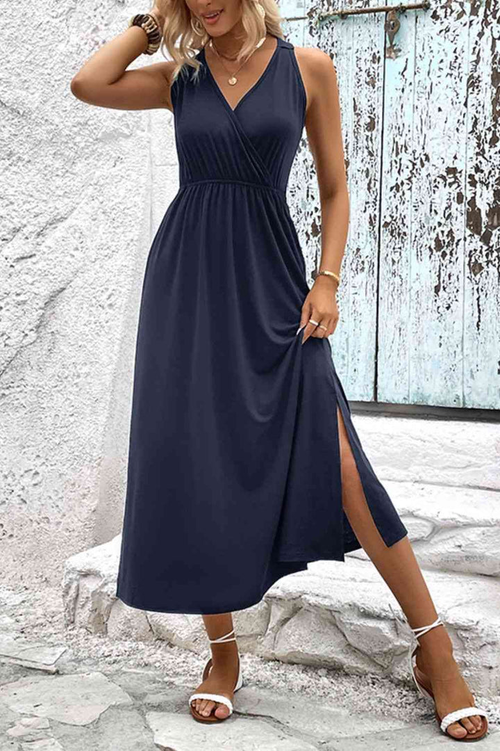 Surplice Neck Slit Sleeveless Dress |1mrk.com