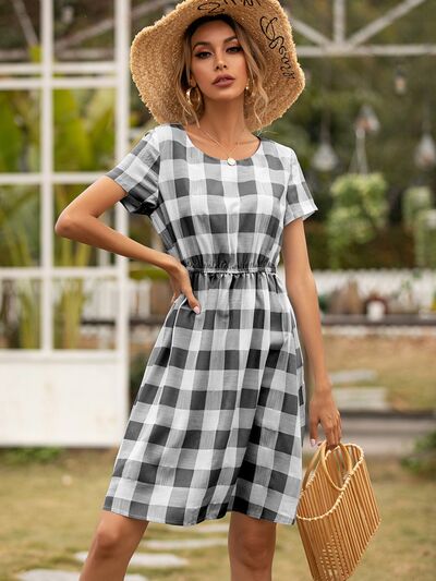 Smocked Plaid Round Neck Short Sleeve Dress | Trendsi