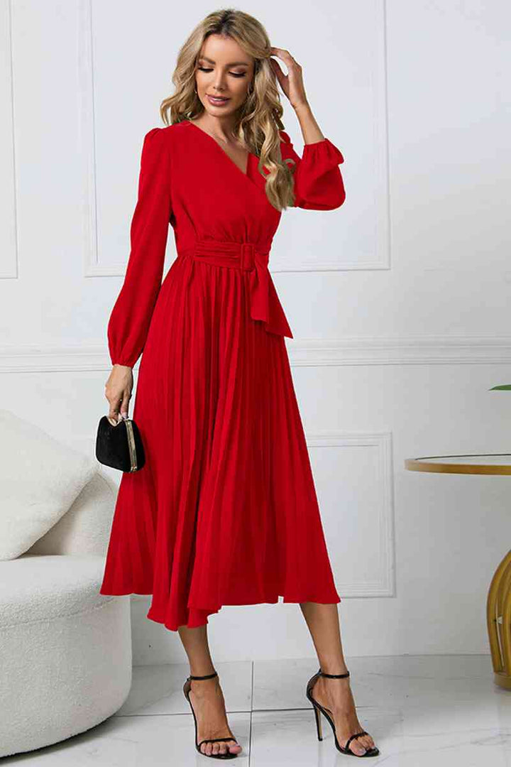 V-Neck Long Sleeve Tie Waist Midi Dress | 1mrk.com